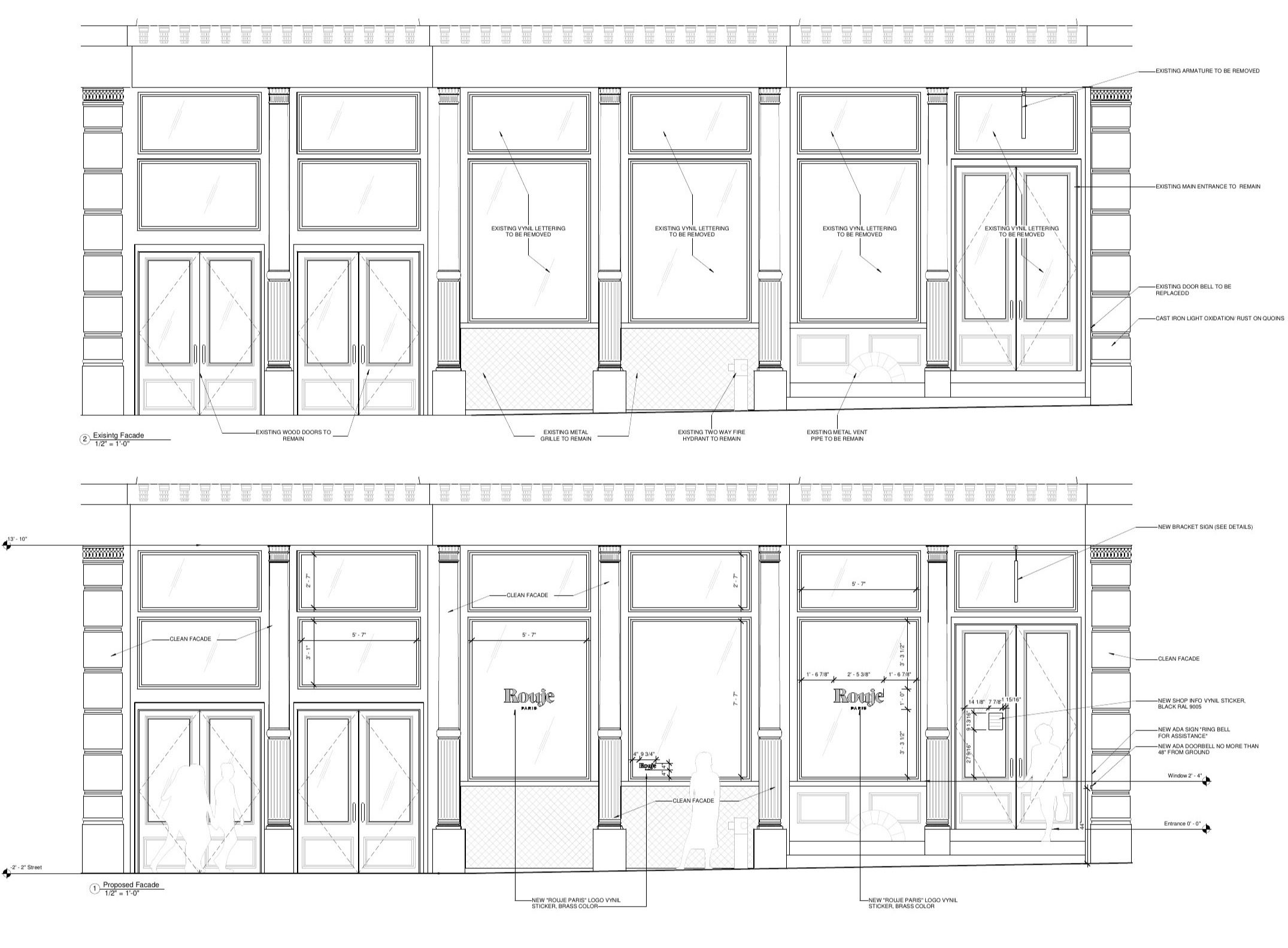 Existing and proposed storefront elevations: façade cleaned,